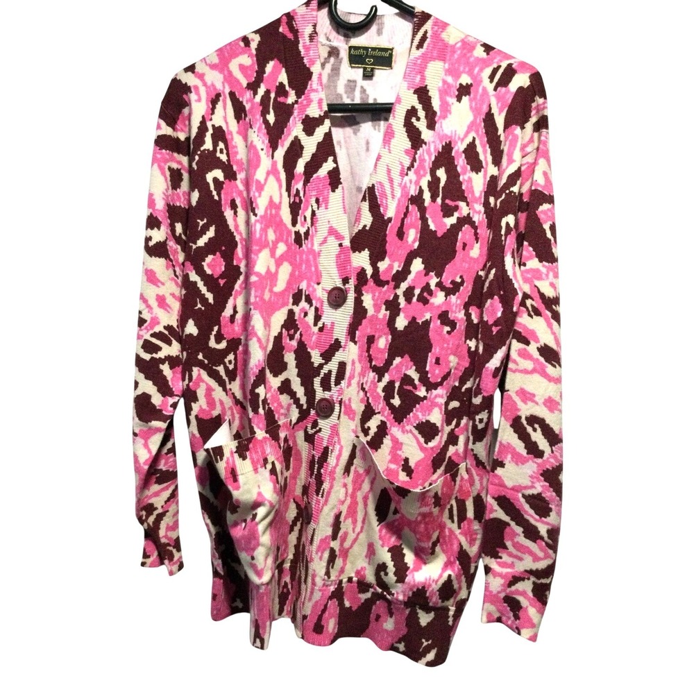 Kathy Ireland Pink Brown Abstract Knit Cardigan Sweater Pockets Medium